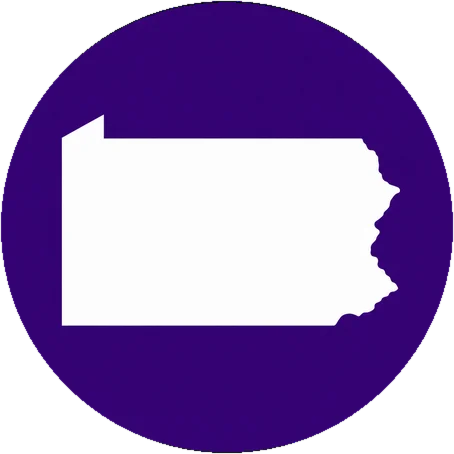White outline of Pennsylvania centered on a purple circle.